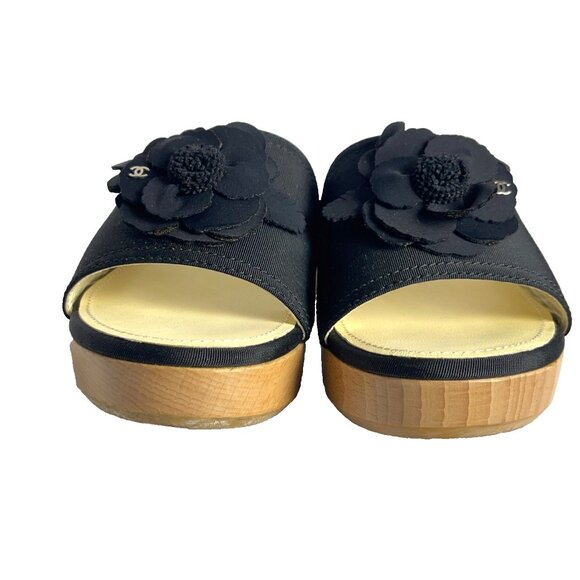 CHANEL CC 2015 Interlocking CC Logo Slides Shoes Sandals Wood +Box Sz 38 US 7.5 - Picture 4 of 16